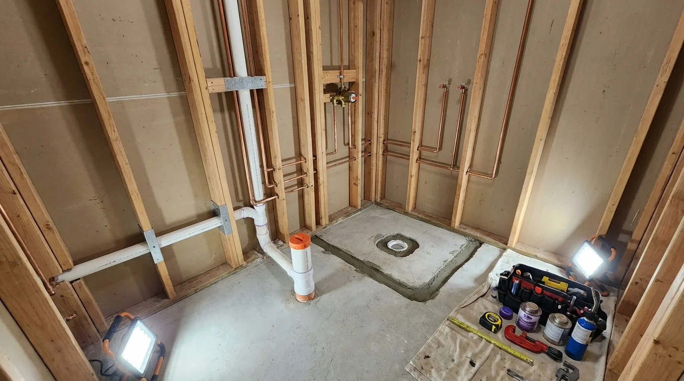 Bathroom rough-in plumbing during remodel by Johns Plumbing LLC in Troutdale