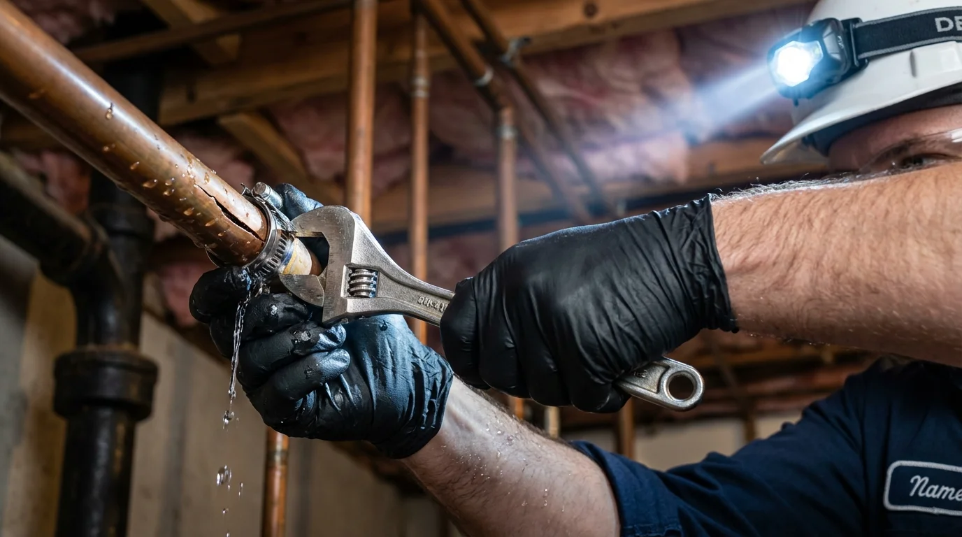 Emergency pipe clamp repair being performed by a Johns Plumbing LLC plumber in Troutdale