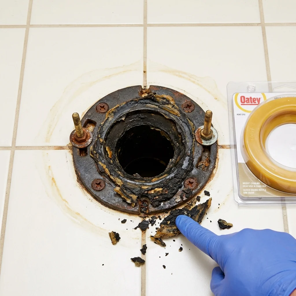 Failed wax ring showing water seepage at the base of a toilet in a Troutdale, OR home
