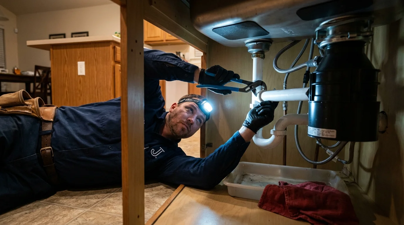 P-trap and supply line connections under a kitchen sink showing a common leak point in Troutdale, OR